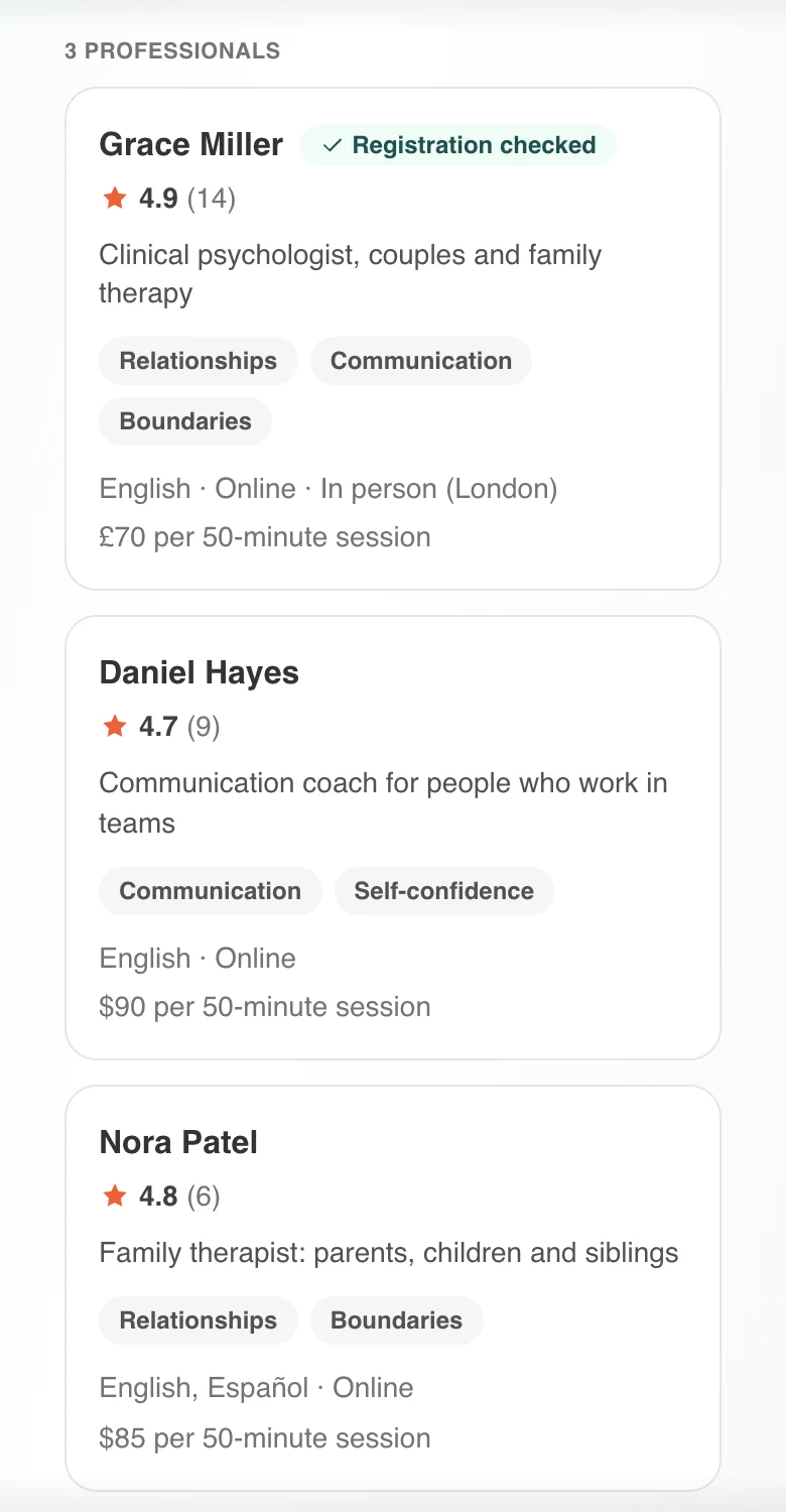 A real Confidey screen: searching for a professional, with the verified registration and the ratings