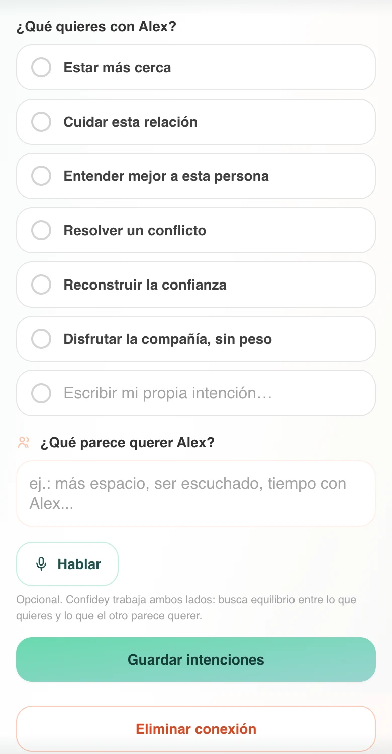Pantalla real de Confidey: lo que quieres con alguien y lo que esa persona parece querer