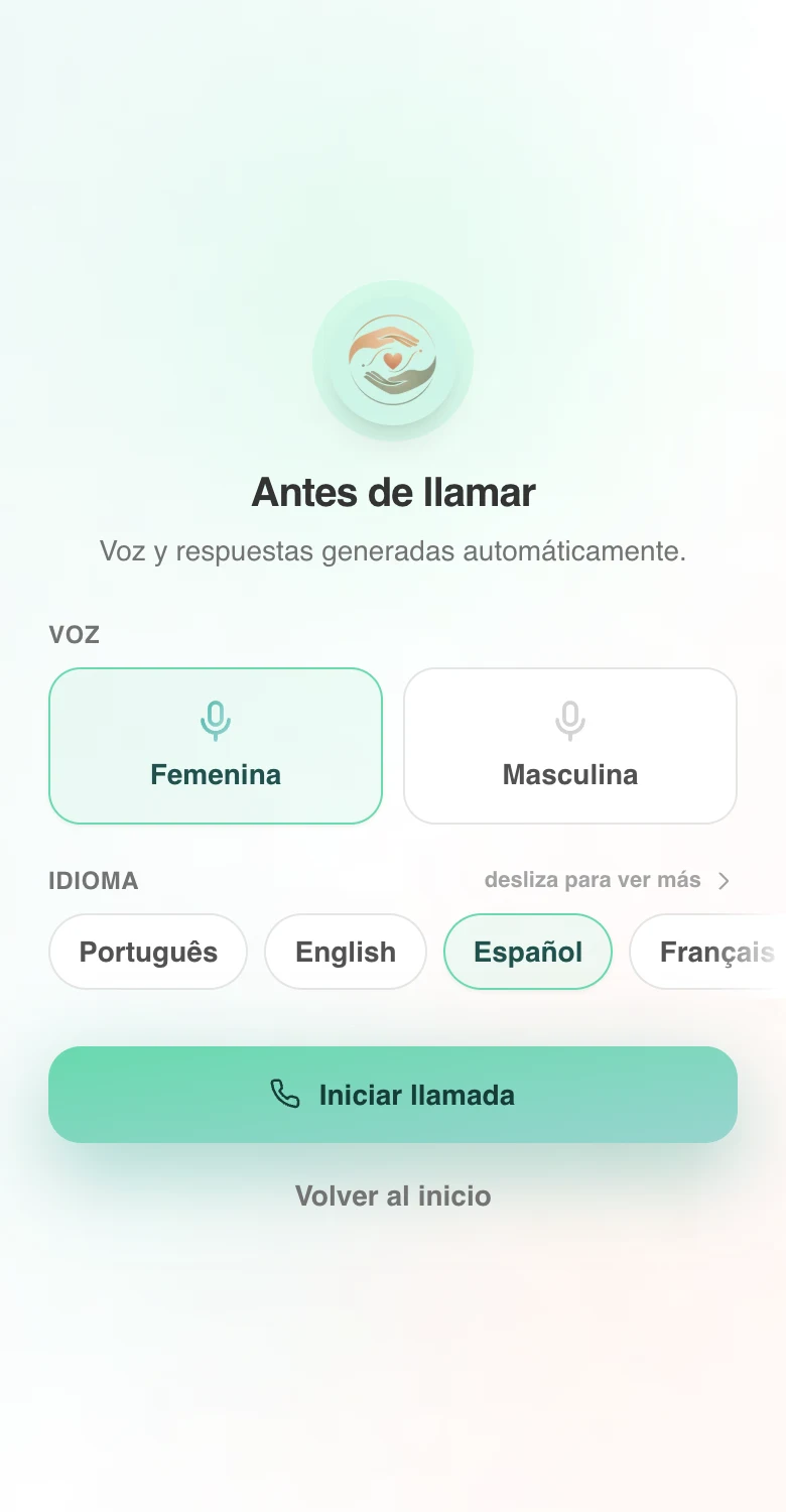 Pantalla real de Confidey: antes de una llamada de voz