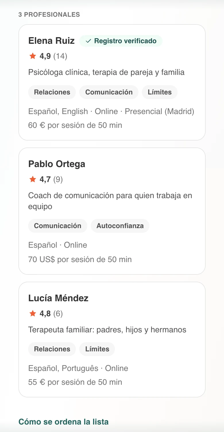 Pantalla real de Confidey: la búsqueda de un profesional, con el registro verificado y las valoraciones