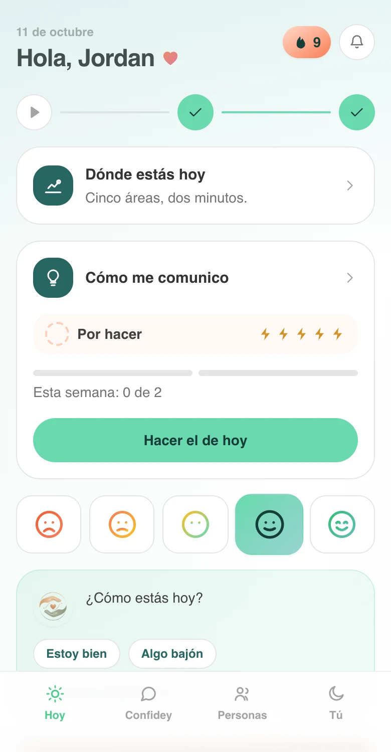 Pantalla real de Confidey: la pantalla de inicio, con tu día