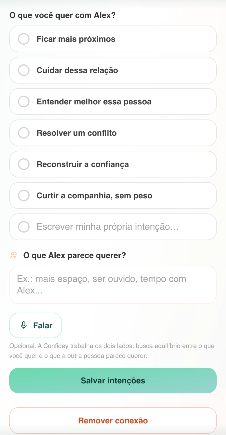 Tela real da Confidey: o que você quer com uma pessoa e o que ela parece querer