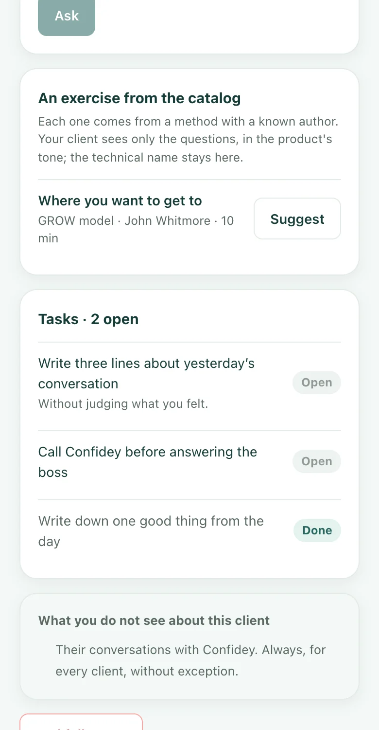 A real dashboard screen: an exercise from the catalog and the open tasks
