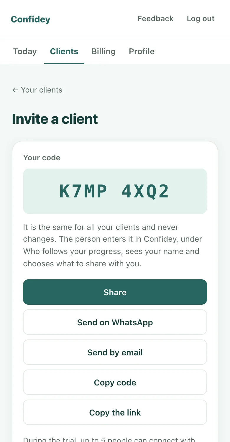 A real dashboard screen: your code, which the person uses to connect and choose what to share