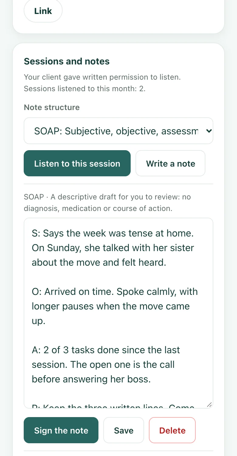 A real dashboard screen: the session note as a draft, to review