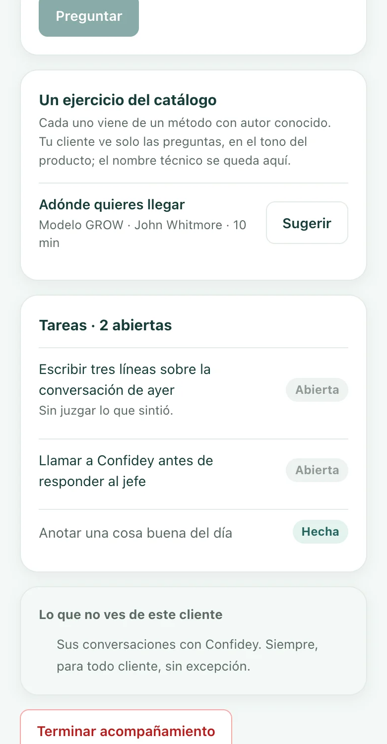 Pantalla real del panel: un ejercicio del catálogo y las tareas abiertas