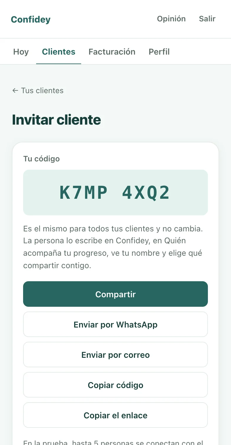 Pantalla real del panel: tu código, con el que la persona se conecta y elige qué compartir