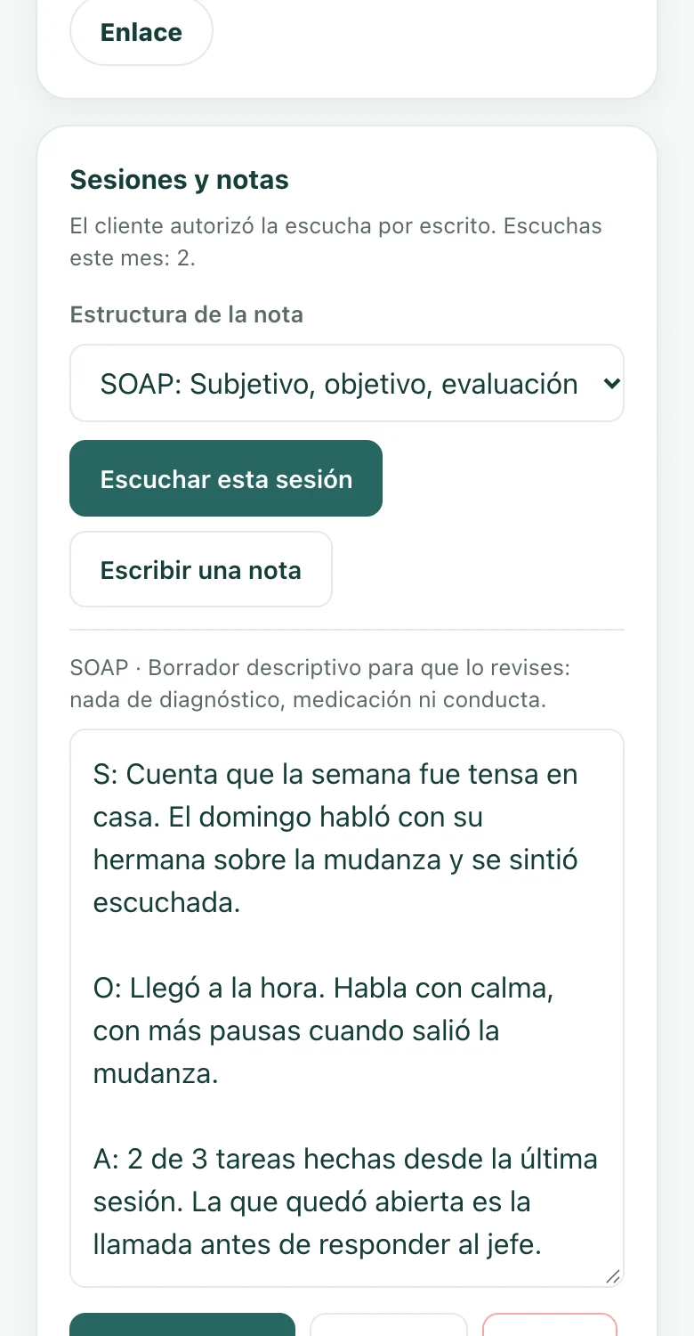 Pantalla real del panel: la nota de la sesión en borrador, para revisar