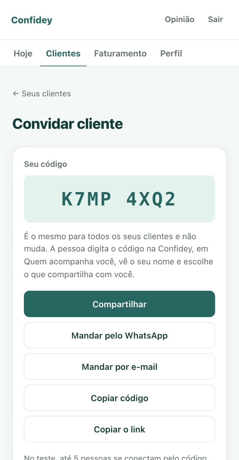 Tela real do painel: o seu código, com que a pessoa se conecta e escolhe o que compartilha
