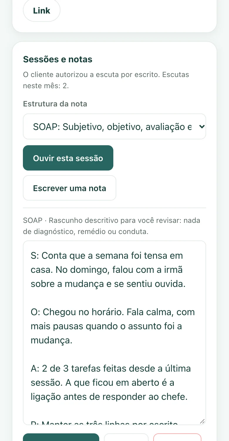 Tela real do painel: a nota da sessão em rascunho, para revisar